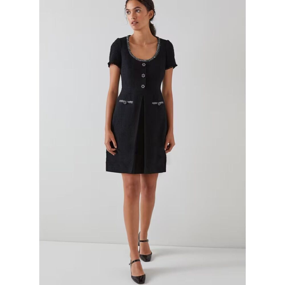 NWT LK Bennett "Lara" Black Cotton Silver Embellishment Tweed Dress sz 12/Large
